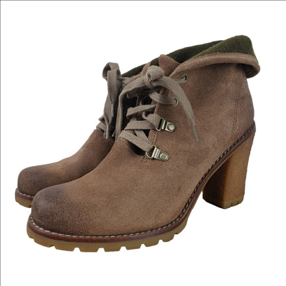 UGG Calynda Fawn Suede Boots Size 7.5 Khaki Brown Burnished High Chunky Heel - Picture 1 of 16